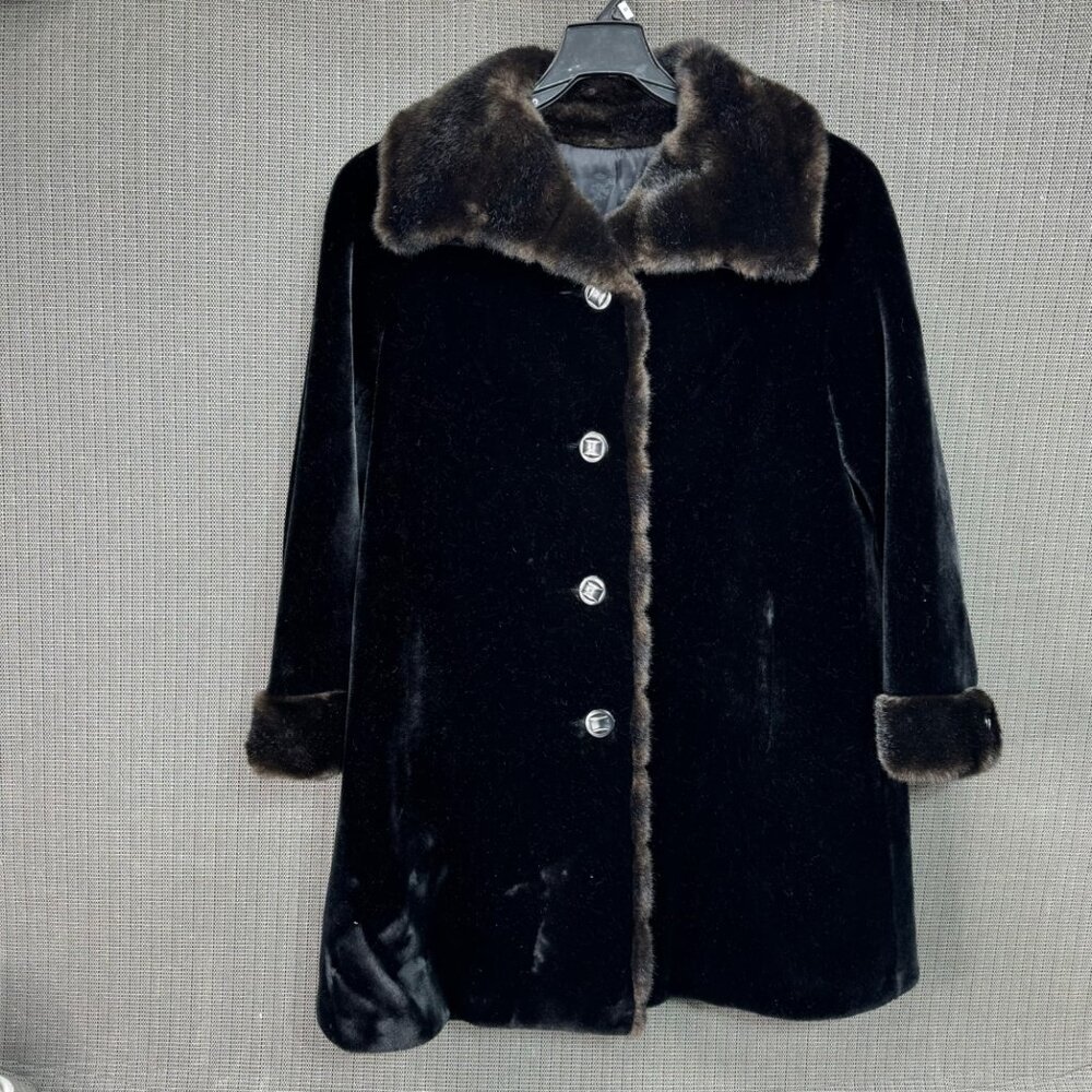 Vintage Sportowne  Faux Fur Black Coat With Brown Trim Button Up Ultra-Seal